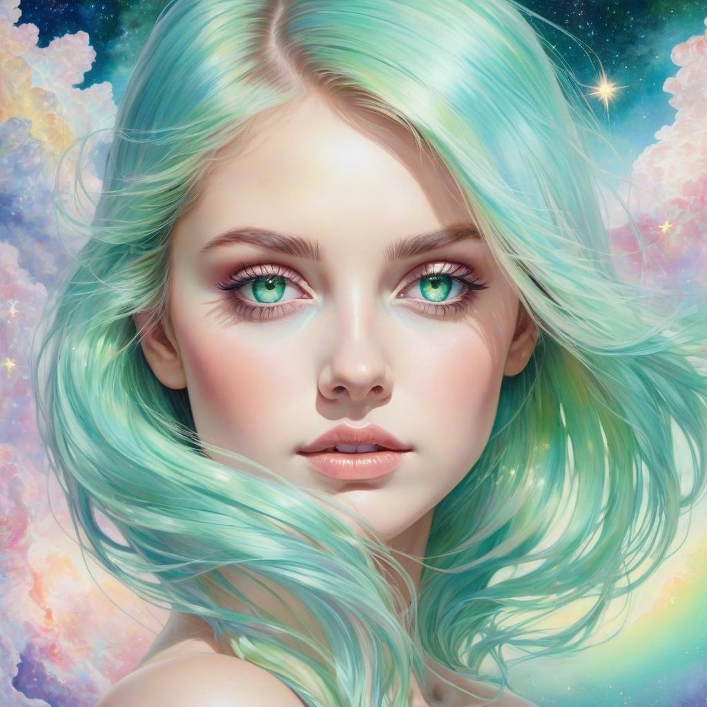  an atmospheric oil picture with a hyperreal portrait of a mesmerizingly beautiful celestial girl in a rainbow scale of pale pastel tones with huge watery green eyes, colors of sorrow and crystal structures, photo real stars of the pastel tones galaxy