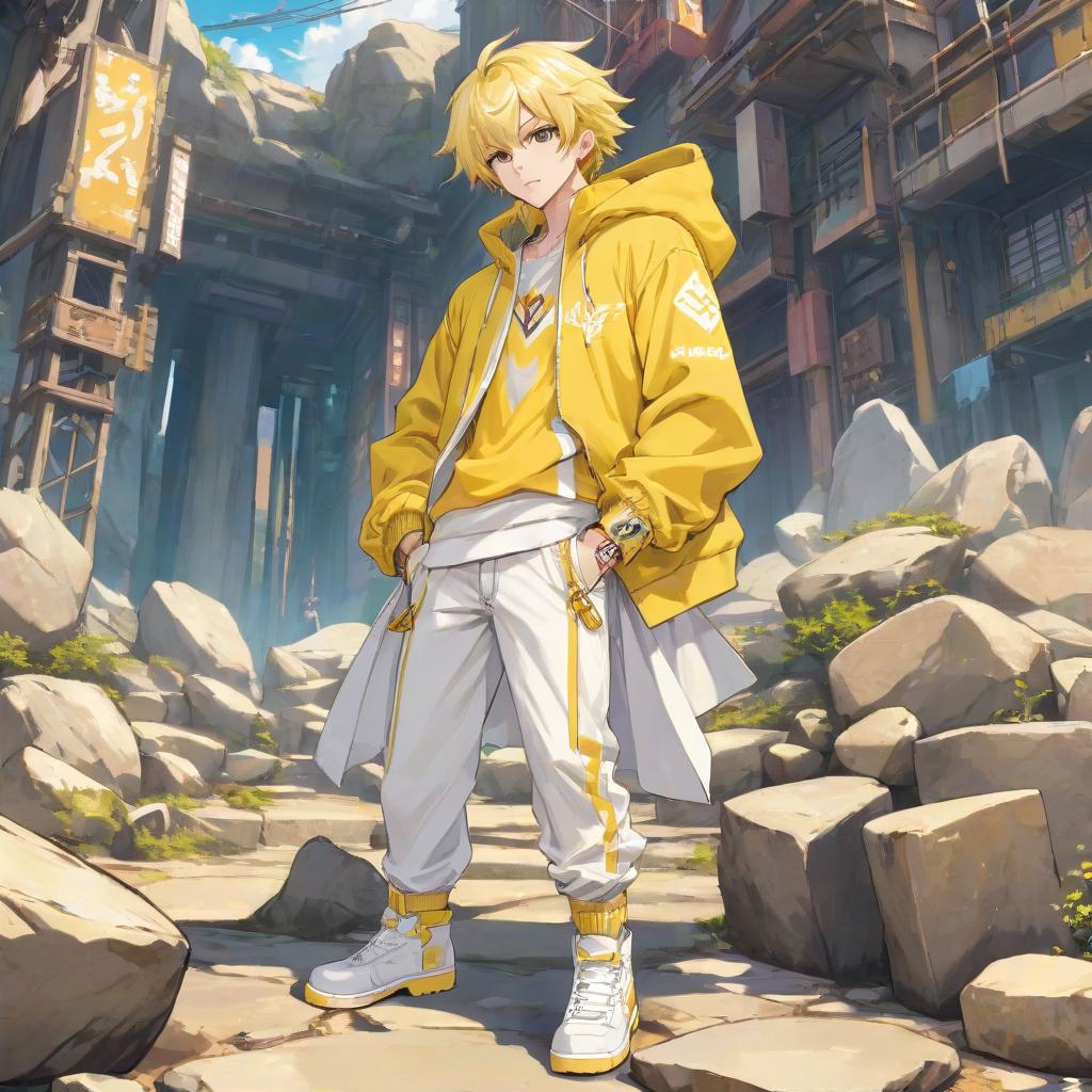  anime artwork men's outfit in soft yellow and white tones in rock style . anime style, key visual, vibrant, studio anime, highly detailed