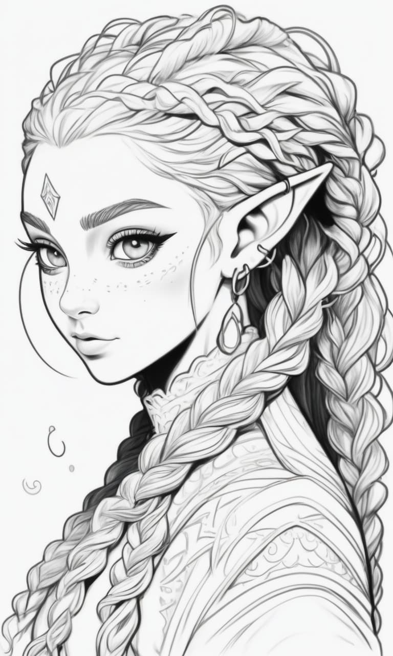  create a black and white coloring of the girl elf to the waist without a background