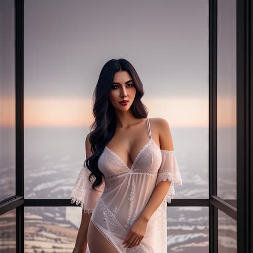  daring beautiful turkish woman with long black hair wearing a sheer babydoll nightie, sharp focus, depth of field, 8k photo, hdr, professional lighting, taken with canon eos r5, 75mm lens hyperrealistic, full body, detailed clothing, highly detailed, cinematic lighting, stunningly beautiful, intricate, sharp focus, f/1. 8, 85mm, (centered image composition), (professionally color graded), ((bright soft diffused light)), volumetric fog, trending on instagram, trending on tumblr, HDR 4K, 8K