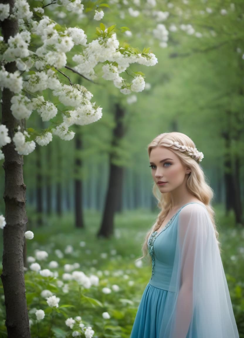  cinematic film still the style of the photo is fantasy realism. against the background of a blooming forest, two people in full height: the wind is a guy with white wings and blue eyes. the tree is a girl with a blond braid and green eyes and without wings. they look at each other. . shallow depth of field, vignette, highly detailed, high budget, bokeh, cinemascope, moody, epic, gorgeous, film grain, grainy