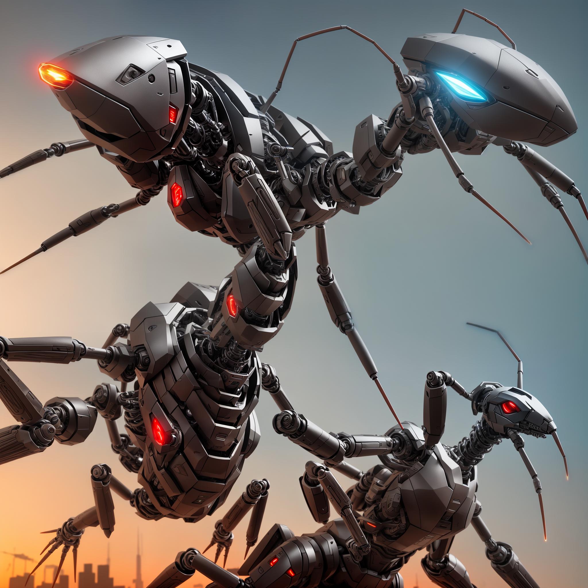  a massive, armored cybernetic ant, standing several stories tall, moves across a destroyed city. its exoskeleton is reinforced with chrome plated armor, reflecting glints of light from its body. each limb is fitted with hydraulic pistons, and glowing circuits run along its joints. the head of the ant is fitted with multi lensed, glowing red eyes and mechanical mandibles. captured from a low angle perspective with the camera focusing on its front legs while the rest of its body fades into a blur in the background. hyperrealistic, full body, detailed clothing, highly detailed, cinematic lighting, stunningly beautiful, intricate, sharp focus, f/1. 8, 85mm, (centered image composition), (professionally color graded), ((bright soft diffused light)), volumetric fog, trending on instagram, trending on tumblr, HDR 4K, 8K