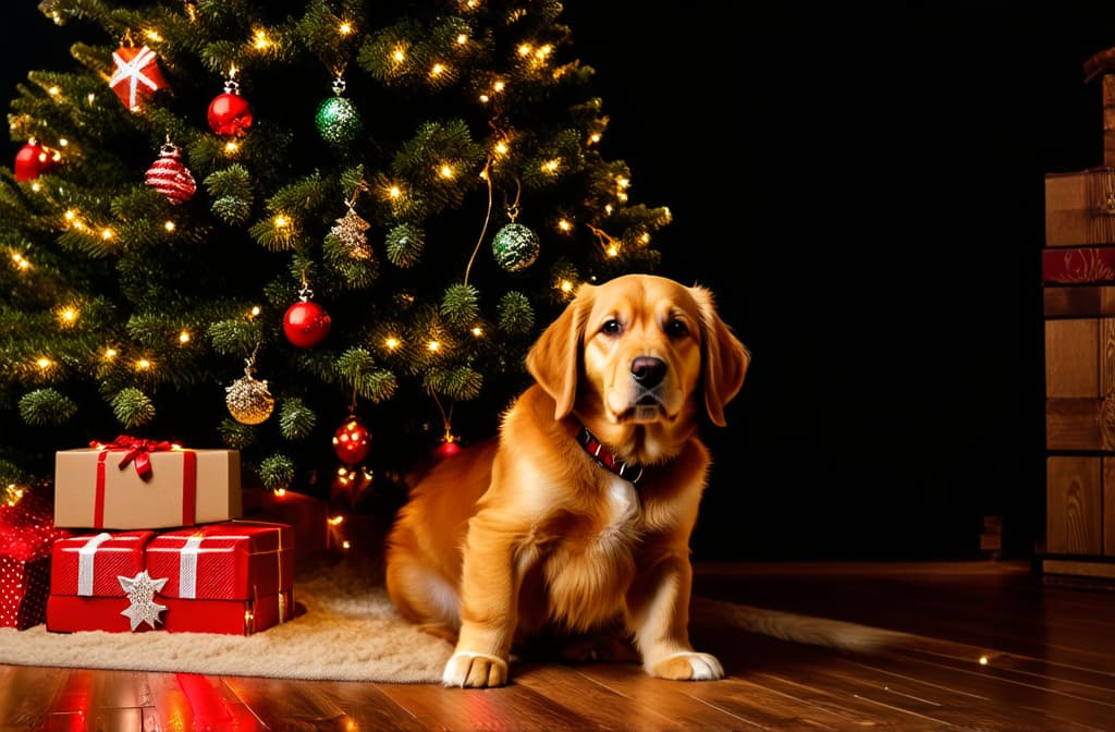  professional detailed photography, decorative lights adorn a golden retriever puppy dog under a christmas tree. ar 3:2, (muted colors, dim colors, soothing tones), (vsco:0.3)