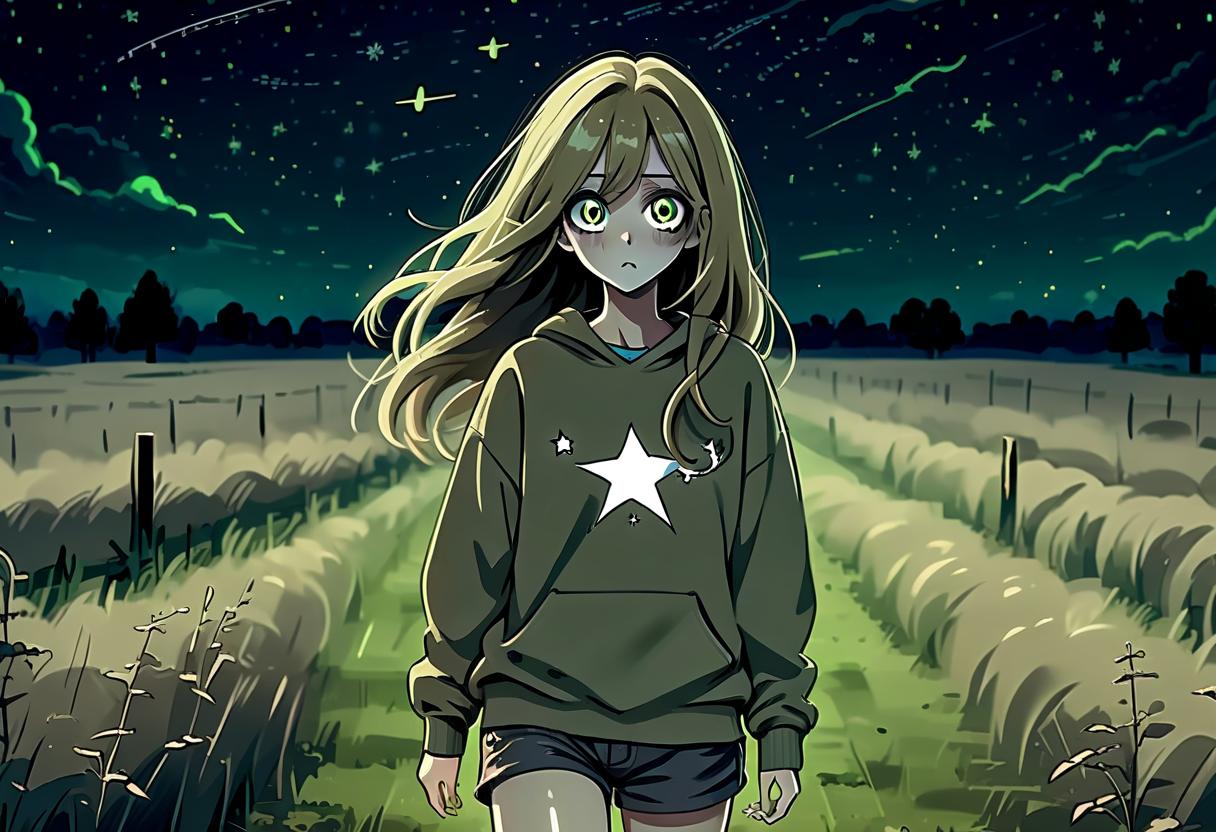  horror themed a girl in anime style with long hair runs around the field at night dressed in a khaki colored sweatshirt and pants. the girl looks at the starry sky at night with black lower eyelids under the eyes of a specific color full of curiosity. there are stars in the night sky. . eerie, unsettling, dark, spooky, suspenseful, grim, highly detailed