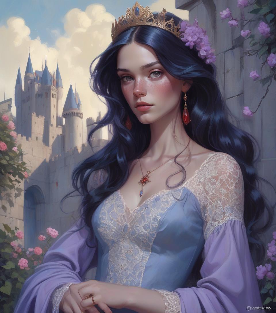  concept art beautiful freckled queen goddess with long wavy black hair, delicate features, pale skin, red cheeks, natural makeup, wearing a lavender dress with lace embroidered flowers, intricate stunning highly detailed girl by artgerm and edouard bisson, highly detailed oil painting, portrait of a beautiful person, art by stanley artgerm, charlie bowater, atey ghailan and mike mignola, silver jewelry, princess, goddess, high quality background, fantasy character concept art, blue sky and castle wall background, prin . digital artwork, illustrative, painterly, matte painting, highly detailed