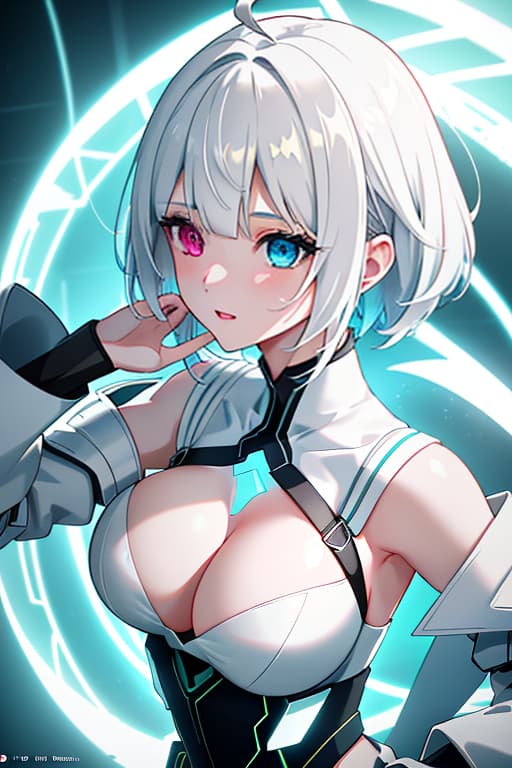  a girl, a white haircut with a tail, a heterochromia, a yellow left eye, a blue right eye, ahoge, a black jacket with white boxes, a portal fracture, a face expression., anime style photo, manga style, digital art, glow effects, hand drawn, render, 8k, octane render, cinema 4d, blender, dark, atmospheric 4k ultra detailed, cinematic sensual, sharp focus, humorous illustration, hyperrealistic, big depth of field, masterpiece, colors, 3d octane render, 4k, concept art, trending on artstation, hyperrealistic, vivid colors hyperrealistic, full body, detailed clothing, highly detailed, cinematic lighting, stunningly beautiful, intricate, sharp focus, f/1. 8, 85mm, (centered image composition), (professionally color graded), ((bright soft diffused light)), volumetric fog, trending on instagram, trending on tumblr, HDR 4K, 8K