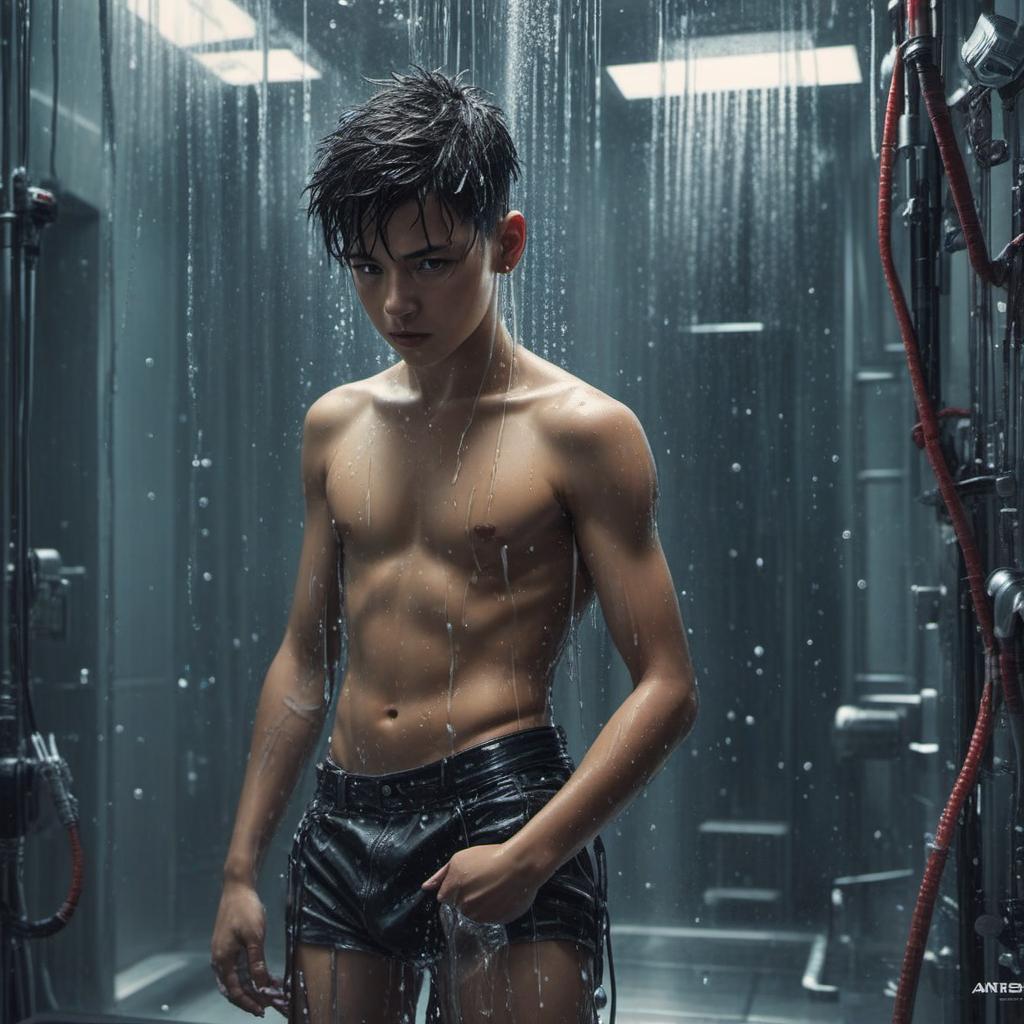  young boy no clothes in the shower, cyberpunk style