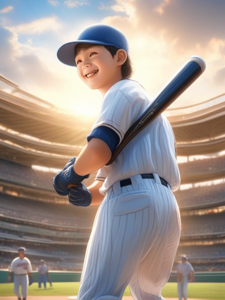  baseball boy, the sky is sunny, smile in the back, masterpiece, best quality,8k,ultra detailed,high resolution,an extremely delicate and beautiful,hyper detail