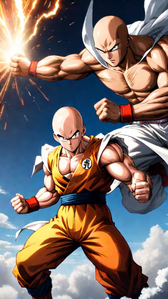  anime art: saitama's punch faces off against goku in the ultimate showdown of strength and power. hyperrealistic, full body, detailed clothing, highly detailed, cinematic lighting, stunningly beautiful, intricate, sharp focus, f/1. 8, 85mm, (centered image composition), (professionally color graded), ((bright soft diffused light)), volumetric fog, trending on instagram, trending on tumblr, HDR 4K, 8K