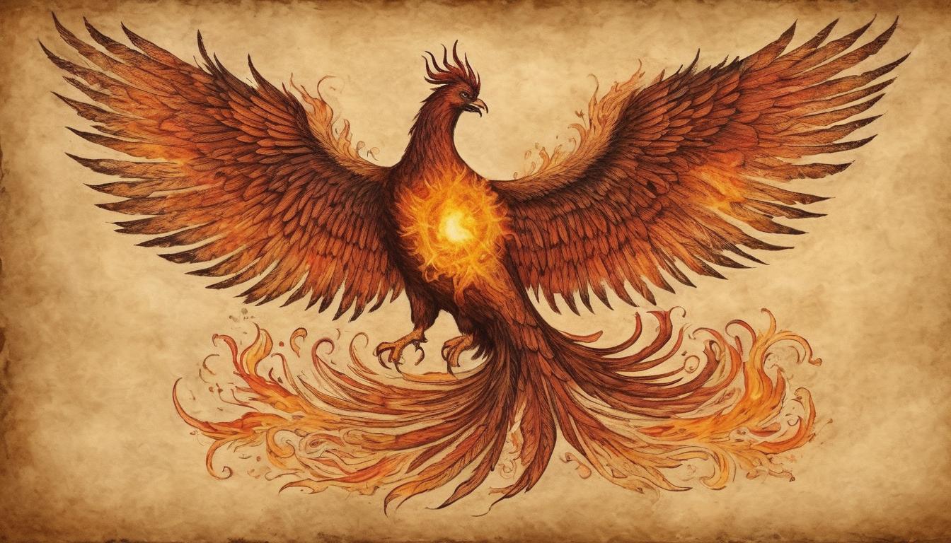  on parchment, surrealism++, a mythical phoenix rising from ashes, wings ablaze with bright flames, eyes burning with determination, transformation, rebirth(mysterious, provocative, symbolic)++