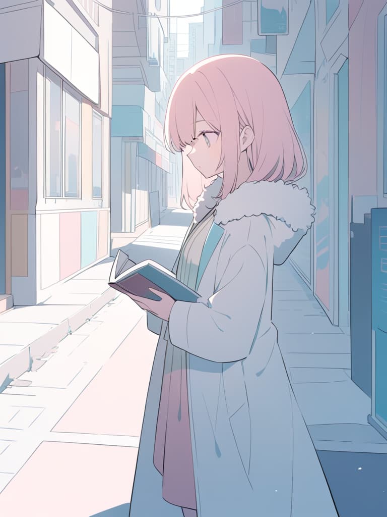  standing,reading a book,long straight pink hair,white long coat with a fur collar,holding a book,outdoor,city street environment,stylized urban scenery,natural lighting,soft shadows,calm and contemplative atmosphere,front view,detailed illustration with clear lines and pastel color palette