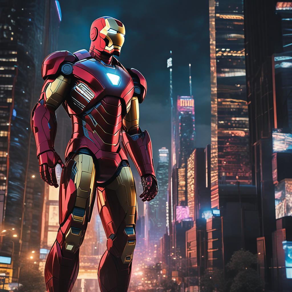  masterpiece, best quality, Best quality, masterpiece, 8k resolution, realistic, highly detailed, close up of Iron Man. In a cyberpunk-style night scene of the city, he stands on a street lined with tall buildings. The city's night lights are bright, The surrounding buildings and streets are filled with cyberpunk elements such as neon lights, high-tech devices, and futuristic architectural designs.