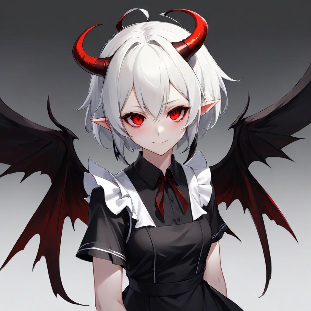  minimalist style anime, maid, girl, demon, grin, red eyes, black pupils, elven ears, white skin, short white hair, kare, black horns, thin handles, huge demonic black wings, black tail, monotonous light background . simple, clean, uncluttered, modern, elegant