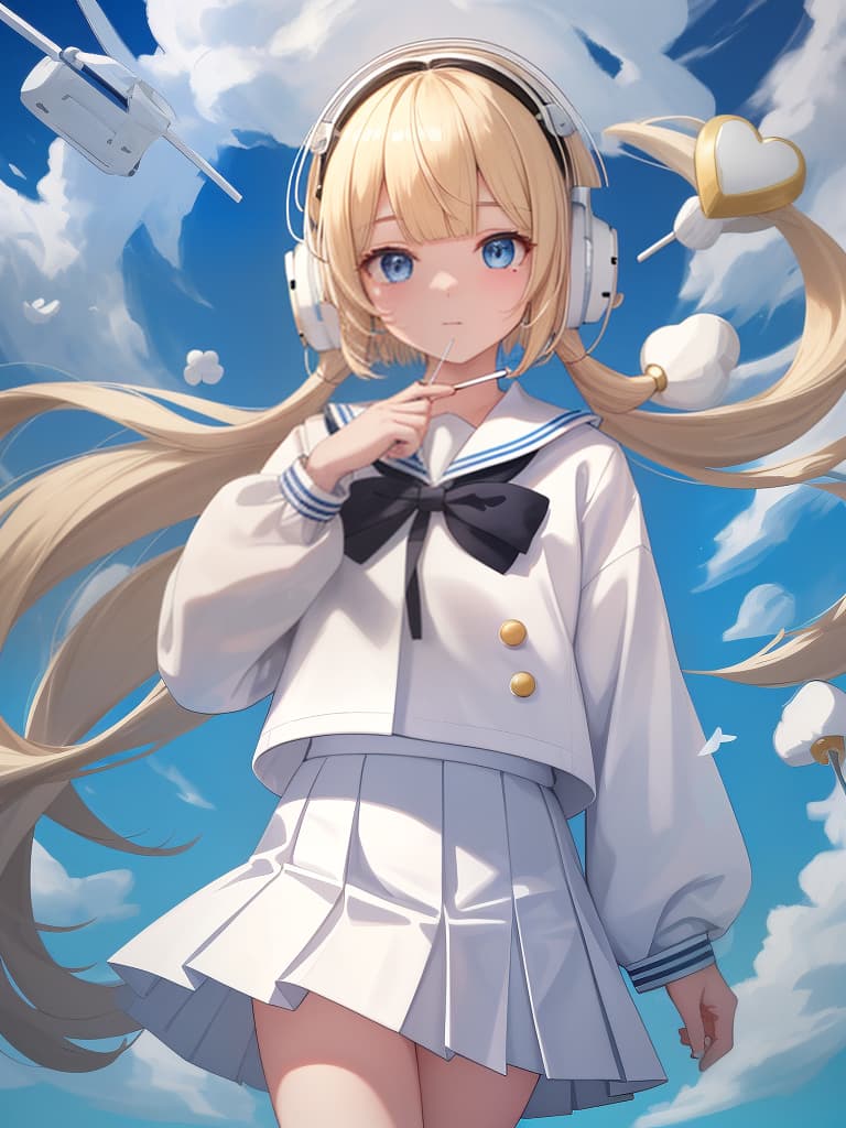  white sailor clothes, white pleated skirts, whole body, black loafers, blue eyes, blonde bob hair, summer sailor, standing, white sailor suit, red headphones, headphones, headphones, bangs, bangs. a lot of hairpins, a heart tattoo on the back of the hand, a candy with a stick, a candy, masterpiece, best quality,8k,ultra detailed,high resolution,an extremely delicate and beautiful,hyper detail