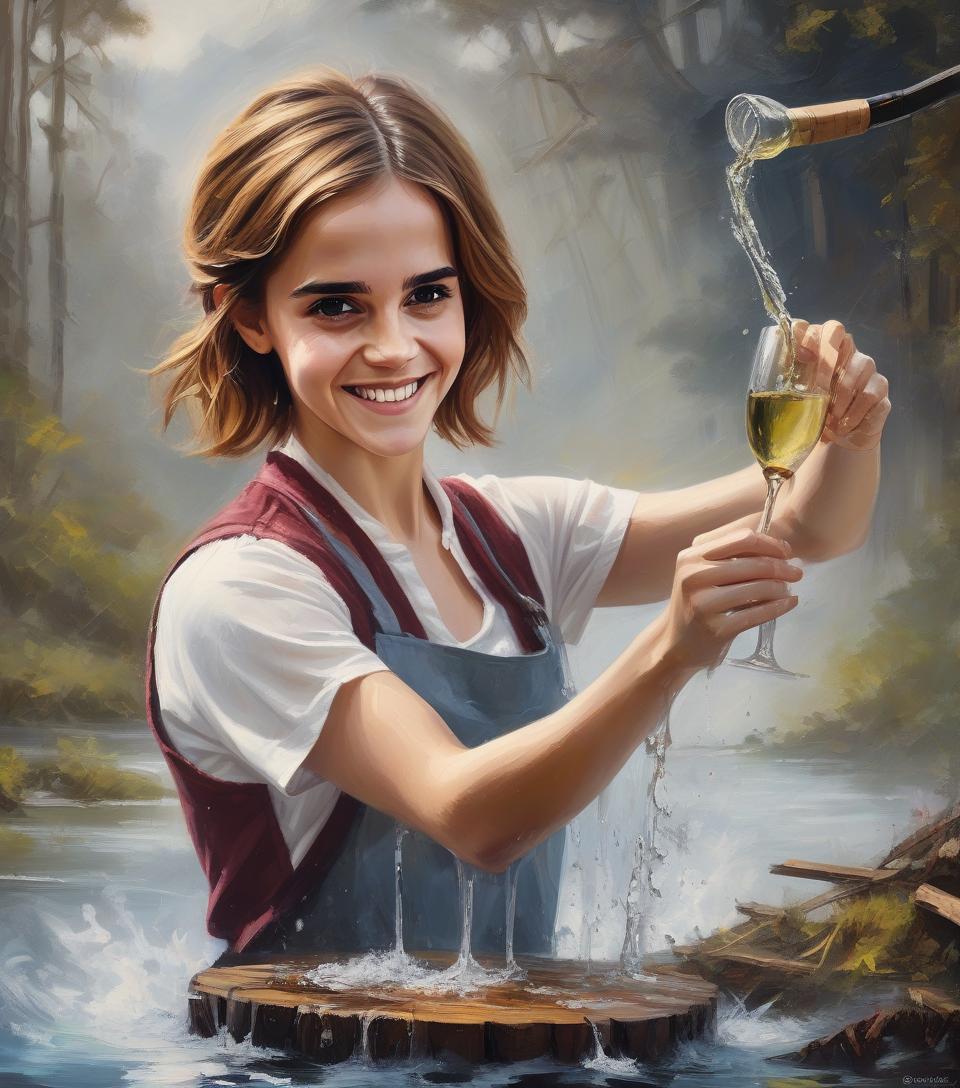  concept art an oil palette knife painting of emma watson smiling turning water into wine in the style of bob ross, impasto and chiaroscuro . digital artwork, illustrative, painterly, matte painting, highly detailed