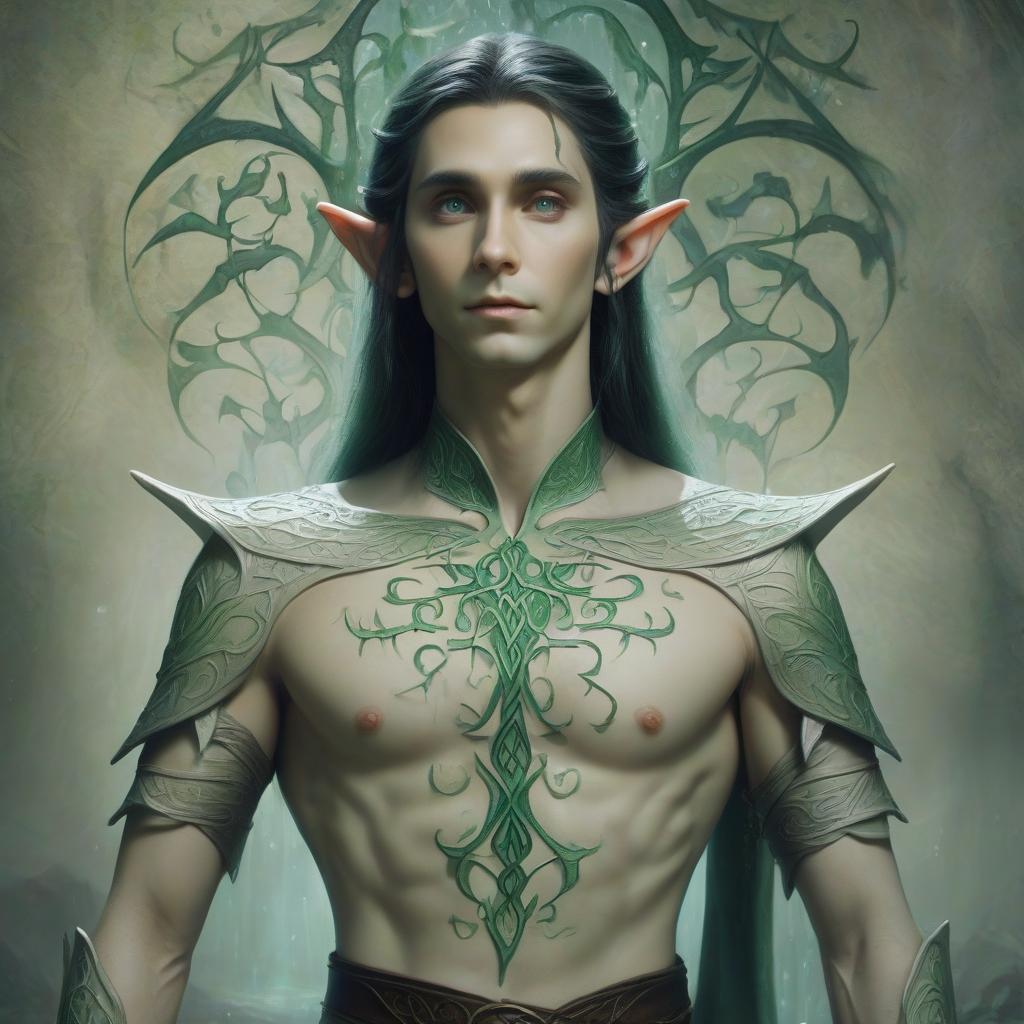  elvish text from water on the shoulders and chest of an elf, hkmagic