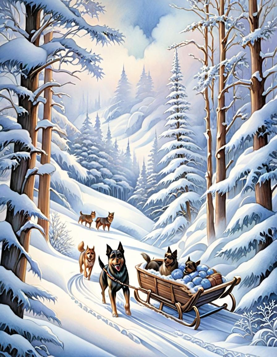  style of jody bergsma, (a frame of snowflakes:1.4). a watercolor landscape, depict a winter forest landscape, winter forest, snow, dogs pulling a sled