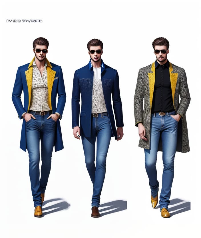  ((fashion illustration, full figures of men with jeans and perforated shirts, colourful coats, papillon)), award winning, professional, highly detailed, masterpiece