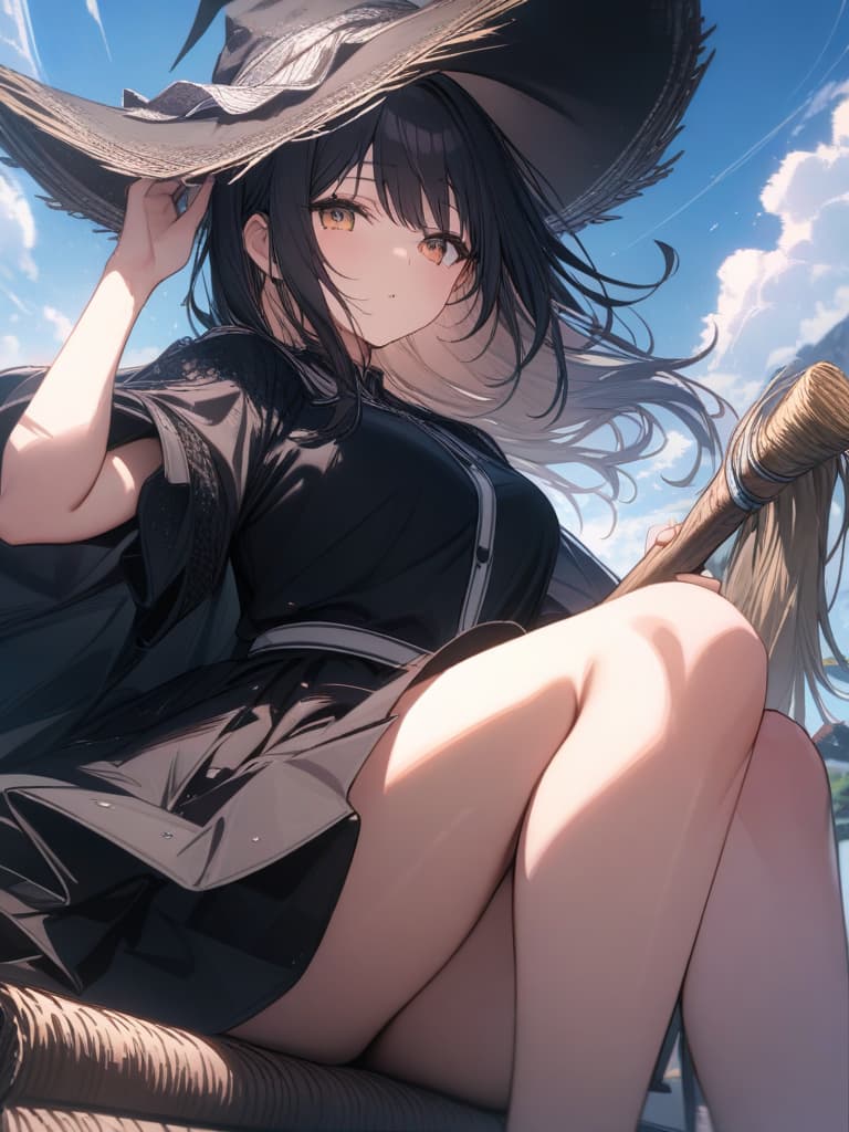  witches, girls, hats, hair fluttering, flying in the sky, sitting with a broom sideways, sitting on a broom, sky, background, blowing, hold down the hat., masterpiece, best quality,8k,ultra detailed,high resolution,an extremely delicate and beautiful,hyper detail