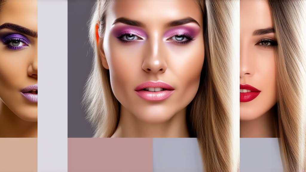  different beauty. set of different female heads with bright makeup on a light background. ar 16:9, (natural skin texture), highly detailed face, depth of field, hyperrealism, soft light, muted colors