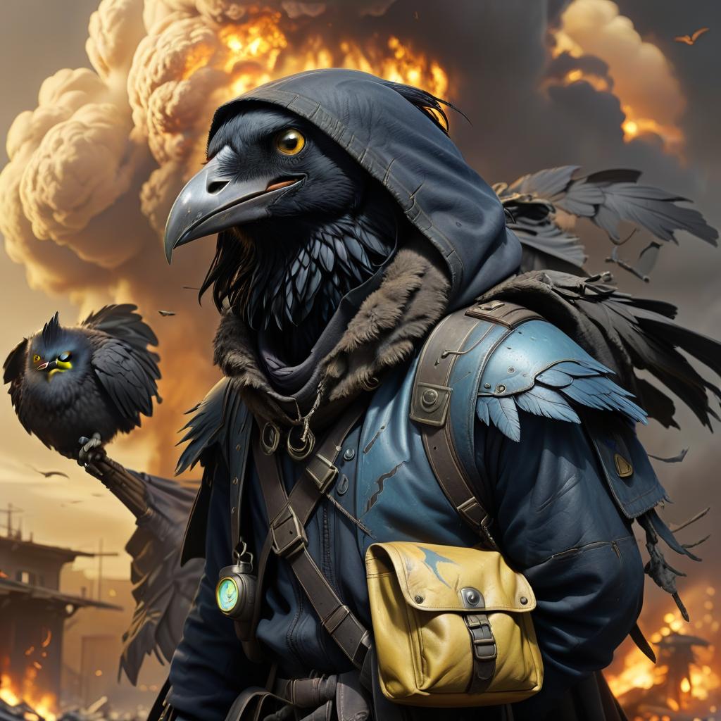  dystopian style black with blue tint avian humanoid race with raven head alchemist, torn cape, mischievous yellow eyes, smiling, rags and leather cloak with lots of pockets, big backpack with pockets, nuclear explosions and detonation blasts . bleak, post apocalyptic, somber, dramatic, highly detailed, civitai