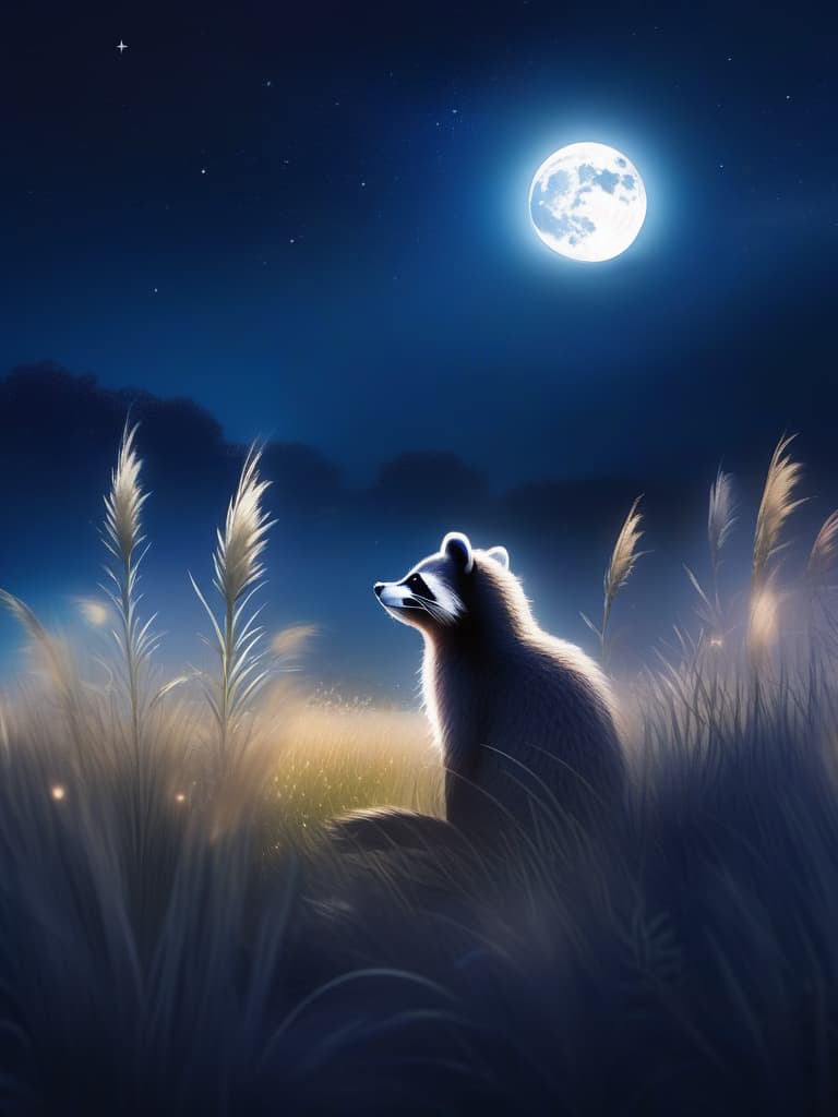  midnight,full moon,field of silver grass🌾 all over,super cute raccoon looking up at the moon:1.2,moon viewing🎑,blur effect,