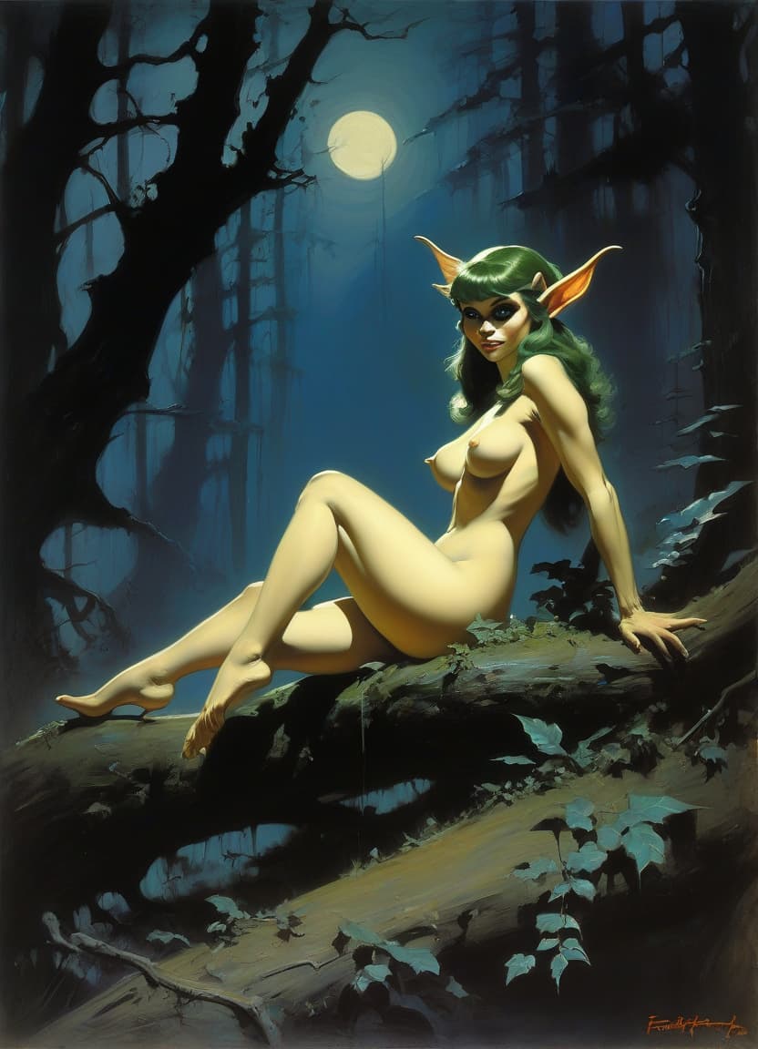  frank frazetta's painting, an elf girl in the night forest :sexual pose : obscene pose