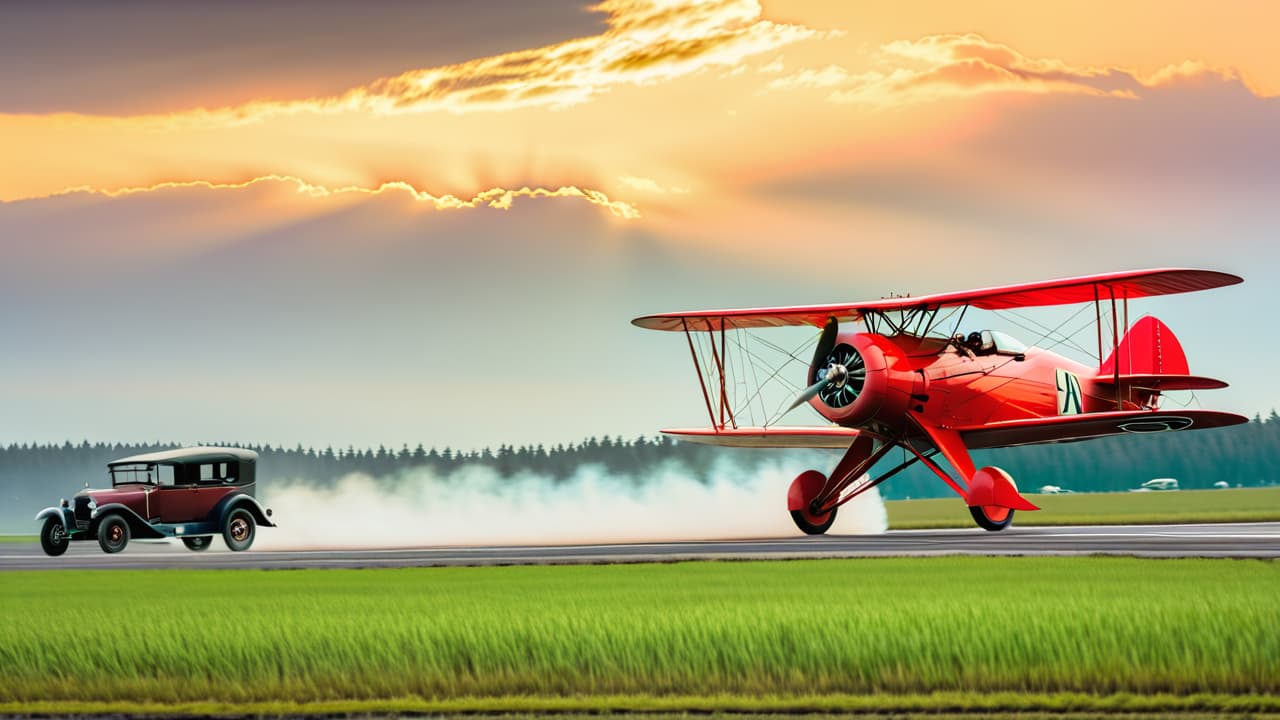  a vintage biplane soaring over a bustling airfield in the 1920s, with elegantly dressed passengers boarding, surrounded by classic cars and excited onlookers, capturing the essence of early commercial aviation history. hyperrealistic, full body, detailed clothing, highly detailed, cinematic lighting, stunningly beautiful, intricate, sharp focus, f/1. 8, 85mm, (centered image composition), (professionally color graded), ((bright soft diffused light)), volumetric fog, trending on instagram, trending on tumblr, HDR 4K, 8K