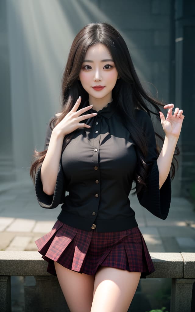  (32K, Real, RAW Developer, Best Picture Quality: 1.4)), (((Beautiful big eyes, Double eyelids))), (((Actress: Mochiyui Honda,))), (((Full face smile))), (Black hair)), (Wavy long hair)), Full anatomical body, (Delicate and beautiful eyes: 1. 3)), (((Gothic-Loli fashion ))), (((thighs exposed)))))), (((natural light))), (((mini skirt)))), (blow kiss, throw kiss, close one eye, speak heart)), (kiss mouth: 1.4)), (reach for hand: 1.2)), hyperrealistic, full body, detailed clothing, highly detailed, cinematic lighting, stunningly beautiful, intricate, sharp focus, f/1. 8, 85mm, (centered image composition), (professionally color graded), ((bright soft diffused light)), volumetric fog, trending on instagram, trending on tumblr, HDR 4K, 8K