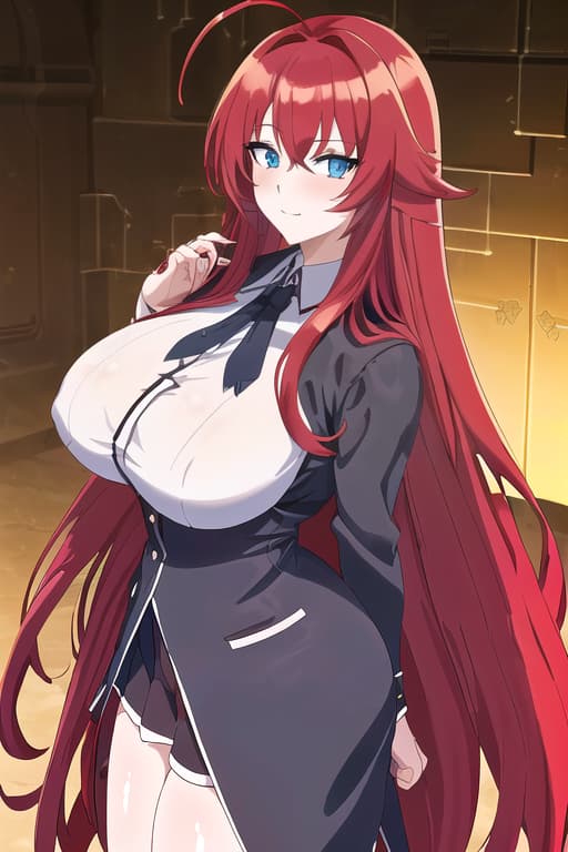   s,masterpiece, best quality, 1women, long red hair, looking at viewer, :3, cute, black uniform, outdoors, streets, cow shot, curvy, (((blue eyes))), rias gremory, red hair, antenna hair, wavy hair, ((beautiful detailed eyes, beautiful detailed glow, lots of glow)), anime screencap