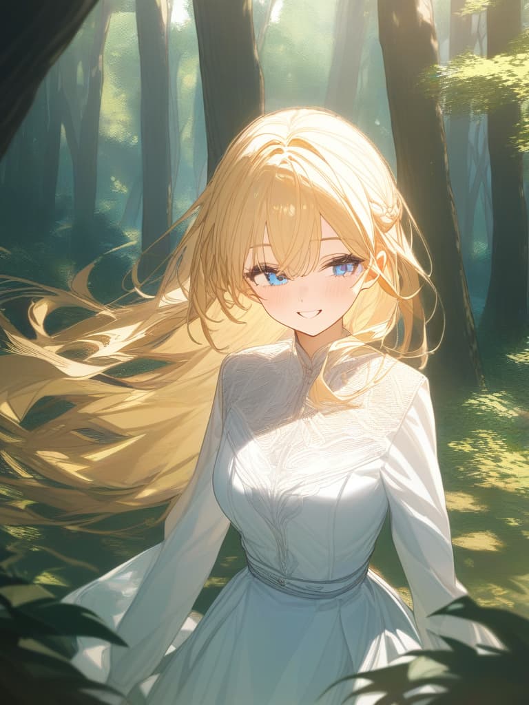  blonde, blue eyes, smiling, forest, white clothes, masterpiece, best quality,8k,ultra detailed,high resolution,an extremely delicate and beautiful,hyper detail