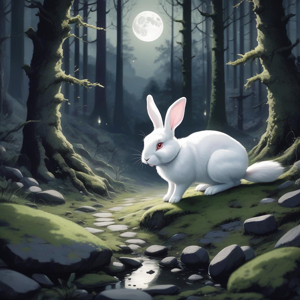  a small white rabbit makes its way through a dark forest. moss grows around, and stones are scattered. the moon is in the sky, and moonlight filters through the trees, falling on the rabbit.