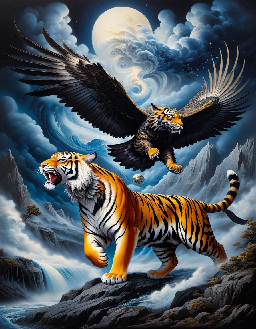  hyperrealism, intricate symbiosis, multi layered art, night landscape, breath of cold, flying spheres, hybrid: tiger with eagle wings, grin, glitter, wind, marble and obsidian sand, swirls, tornado, energy of crazy dreams, extravagant beauty, surrealism, allegory, mysticism