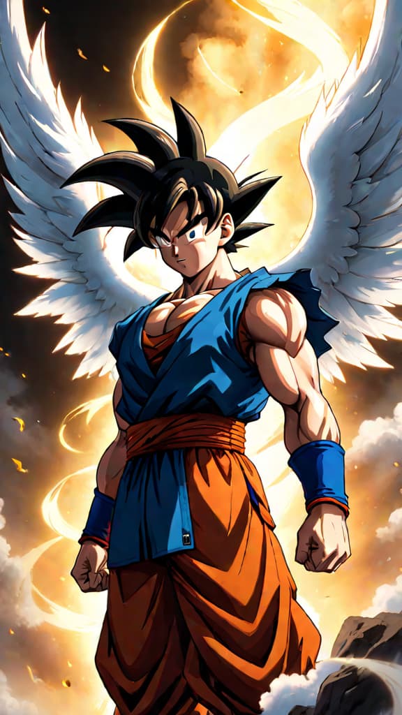  anime art: goku training with angels, mastering divine techniques, unlocking unprecedented power levels. hyperrealistic, full body, detailed clothing, highly detailed, cinematic lighting, stunningly beautiful, intricate, sharp focus, f/1. 8, 85mm, (centered image composition), (professionally color graded), ((bright soft diffused light)), volumetric fog, trending on instagram, trending on tumblr, HDR 4K, 8K