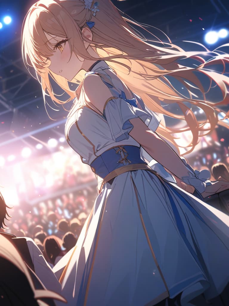  singing on the stage, a lot of spectators around, one is yellow hair, one is light blue hair, one is pink hair, three person idol, stage, masterpiece, best quality,8k,ultra detailed,high resolution,an extremely delicate and beautiful,hyper detail