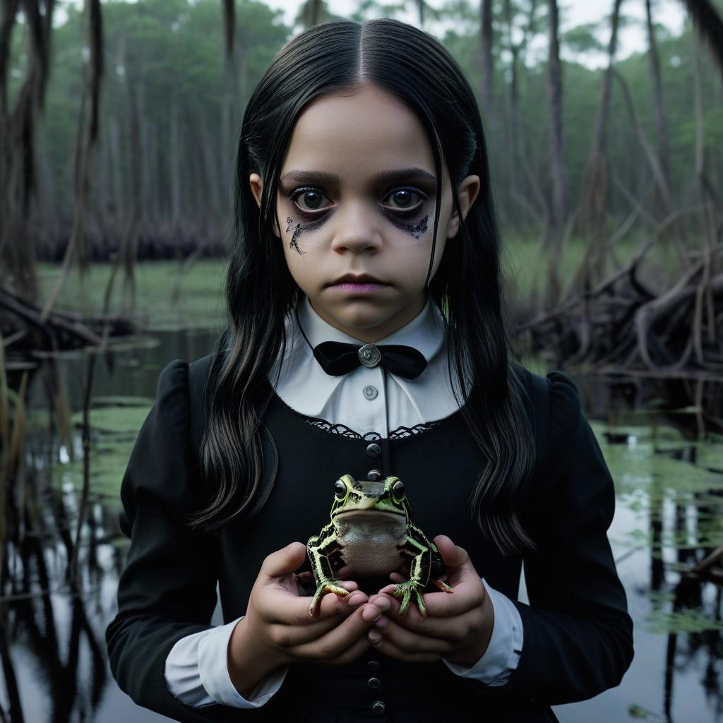  macabre style against the background of the swamp, jenna ortega in the image of wednesday addams holds a frog in the palm of her hand, staring at it intently. . dark, gothic, grim, haunting, highly detailed, glowneon, sticker