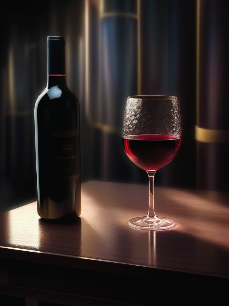  ((dark room:1.2)){wine glass on table🍷(spotlight on wine glass)((wine glass reflecting light:1.8))prism light},super detailed,high resolution,absurd,employed,