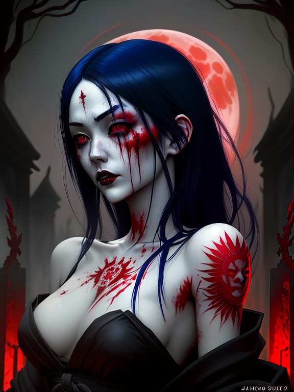  a beautiful japanese girl, dark blue hair with white skin, bloody eyes and tattoos lies in a red liquid in a gothic cemetery, red sky fullmoon, dark , creepy , blood , monsters , by jason engle , carlos huante , charlie bowater , simon lee , brom