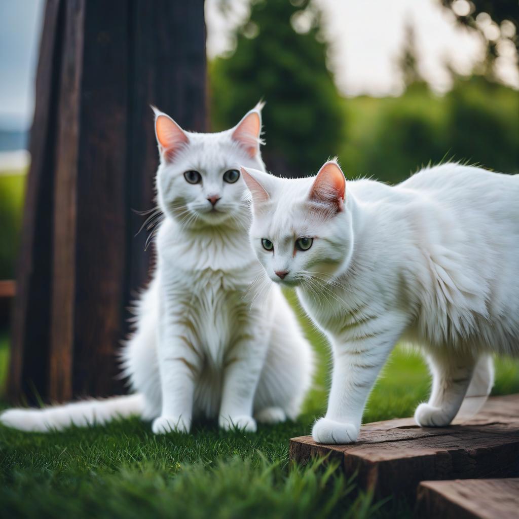  photo of a large white, yard, beautiful cat, along with his kitten. the cat teaches the kitten to jump on a high stump. the foam stands in the grass, behind all this is the wall of the country house. these trainings take place every day, they jump a lot like in a training center. photo positive, mood to win, cinematic film style, shallow depth of field, vignette, highly detailed, high budget, bokeh, cinemascope, moody, epic, gorgeous, film grain, grainy