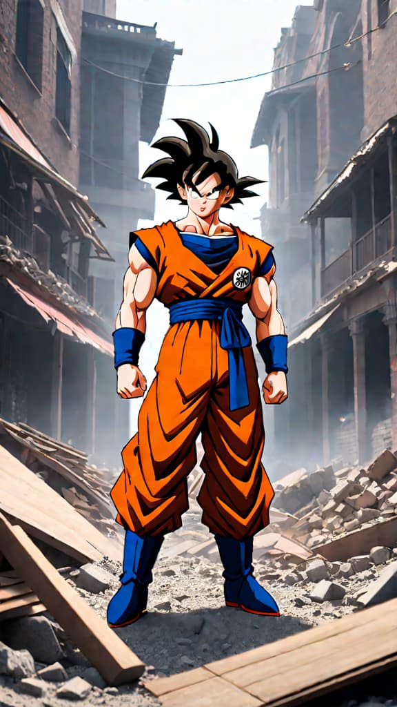  goku from dragon ball stands amidst rubble, eyes closed, battlefield trembling under immense pressure, anime art hyperrealistic, full body, detailed clothing, highly detailed, cinematic lighting, stunningly beautiful, intricate, sharp focus, f/1. 8, 85mm, (centered image composition), (professionally color graded), ((bright soft diffused light)), volumetric fog, trending on instagram, trending on tumblr, HDR 4K, 8K