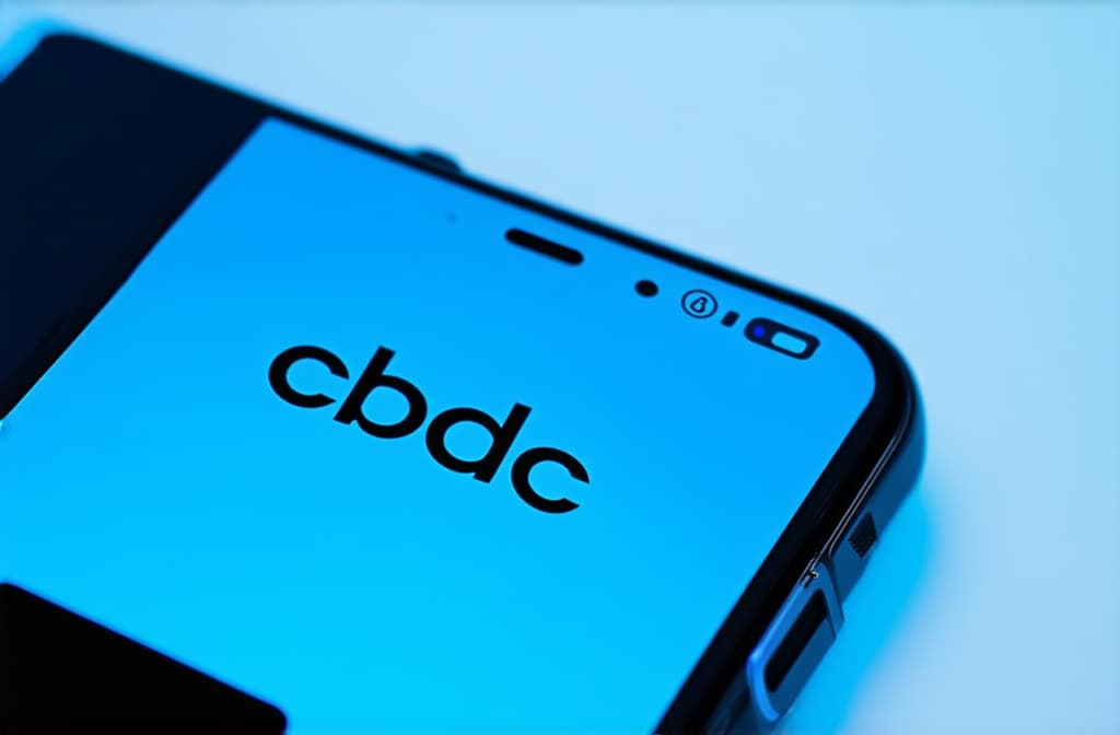  professional detailed photography, smartphone, on the smartphone screen the inscription "cbdc", in light and dark blue tones, on a light blue blurred background ar 3:2, (muted colors, dim colors, soothing tones), (vsco:0.3)