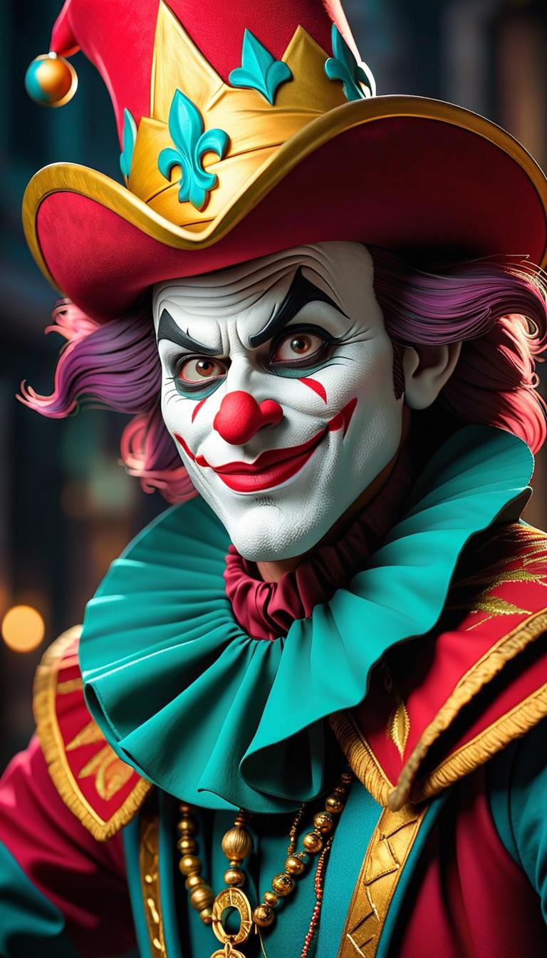  professional 3d model of a sinister jester in a dark carnival. dark, mysterious, scary, haunting, dramatic, ornate, detailed. . rendered with octane, the model is highly detailed,dramatic lighting. hyperrealistic, full body, detailed clothing, highly detailed, cinematic lighting, stunningly beautiful, intricate, sharp focus, f/1. 8, 85mm, (centered image composition), (professionally color graded), ((bright soft diffused light)), volumetric fog, trending on instagram, trending on tumblr, HDR 4K, 8K