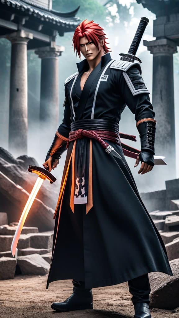  renji from bleach with his zanpakuto spirit zabimaru appearing amidst battle ruins, in sleek, serpentine form, anime art hyperrealistic, full body, detailed clothing, highly detailed, cinematic lighting, stunningly beautiful, intricate, sharp focus, f/1. 8, 85mm, (centered image composition), (professionally color graded), ((bright soft diffused light)), volumetric fog, trending on instagram, trending on tumblr, HDR 4K, 8K