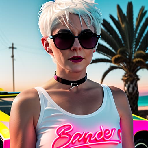  a woman with white hair, a short pixie haircut in sunglasses, a top top t shirt, with a choker around her neck, stands against a neon sunset in full height near a delorean dmc 12 car. seaside, palm shade. neon sunset, neon inscription "cherry", digital photo, high detail, high realism.