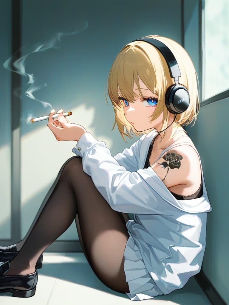  s wearing black tights, headphones, black loafers, whole body, blue eyes , blonde bob cut , white pleated , white sailor suit, tobacco, to cigarettes, purple on the left . a with a rose tattoo, a smoking cigarettes, a spider web on the left arm, masterpiece, best quality,8k,ultra detailed,high resolution,an extremely delicate and beautiful,hyper detail