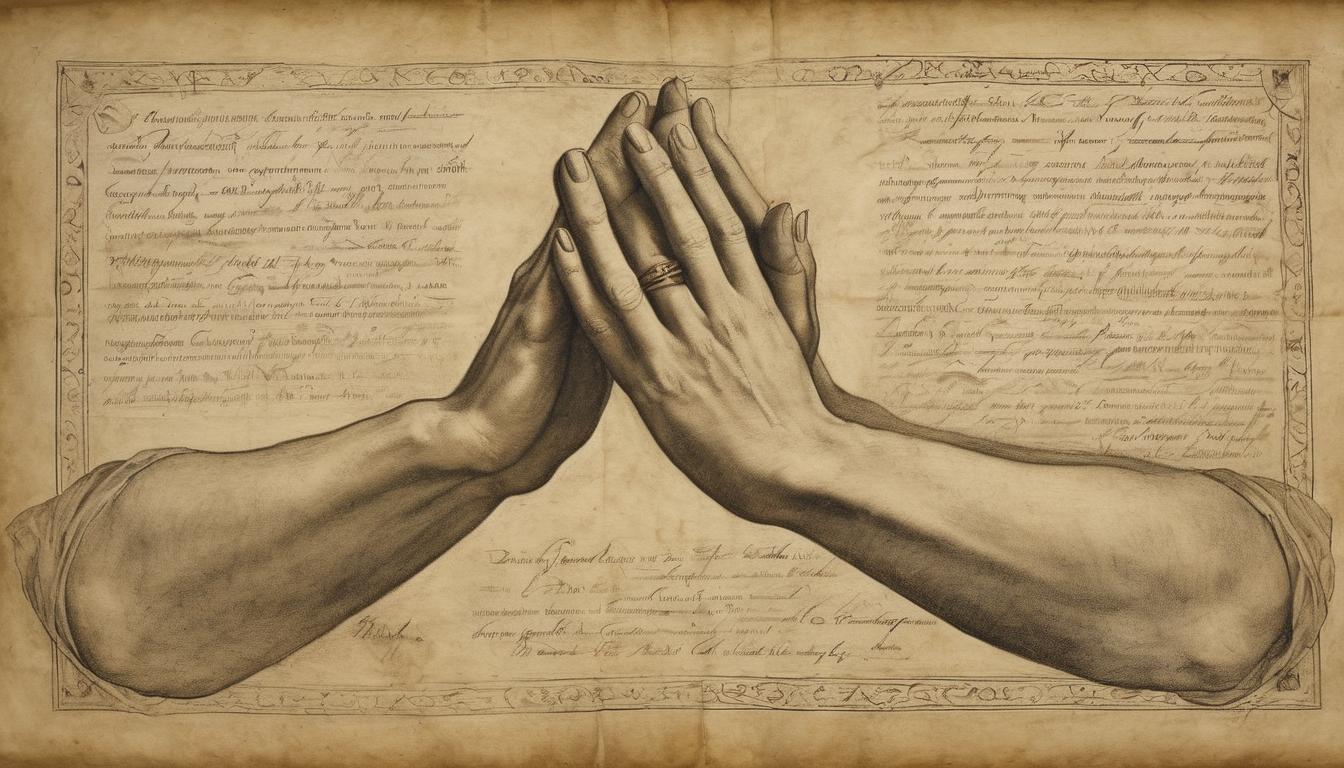  on parchment, surrealism++, hands clasped in prayer, divine light enveloping, celestial trust, ethereal connection, spiritual conviction(mysterious, provocative, symbolic)++