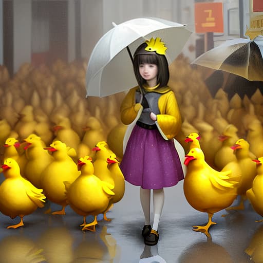  the girl covered with an umbrella of yellow chickens