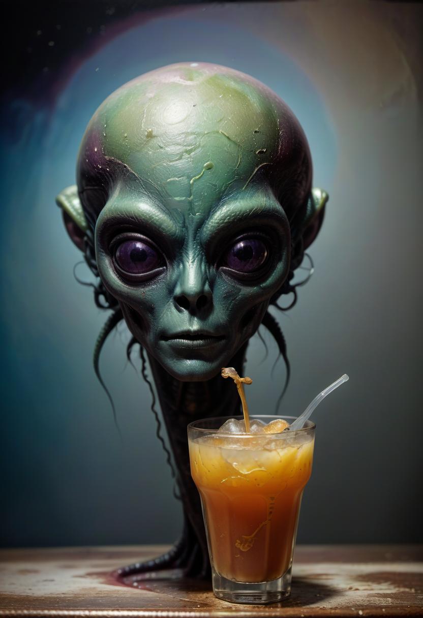  breathtaking alien drinks in a bar and snacks on hot wax painting style fly mours . award winning, professional, highly detailed, civitai