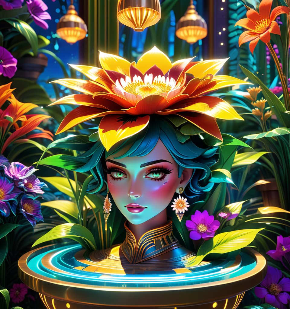  art deco style a bizarre and magical illustration of a flower with a humanoid face growing in a flower pot surrounded by bright flowers and plants. a flower shop, a seller in the form of an extravagant woman in a straw hat decorated with a magnificent scattering of flowers. tadahiro uesugi's concept art, intricate details, fantasy elements, soft lighting. . geometric shapes, bold colors, luxurious, elegant, decorative, symmetrical, ornate, detailed, hkmagic, glowneon