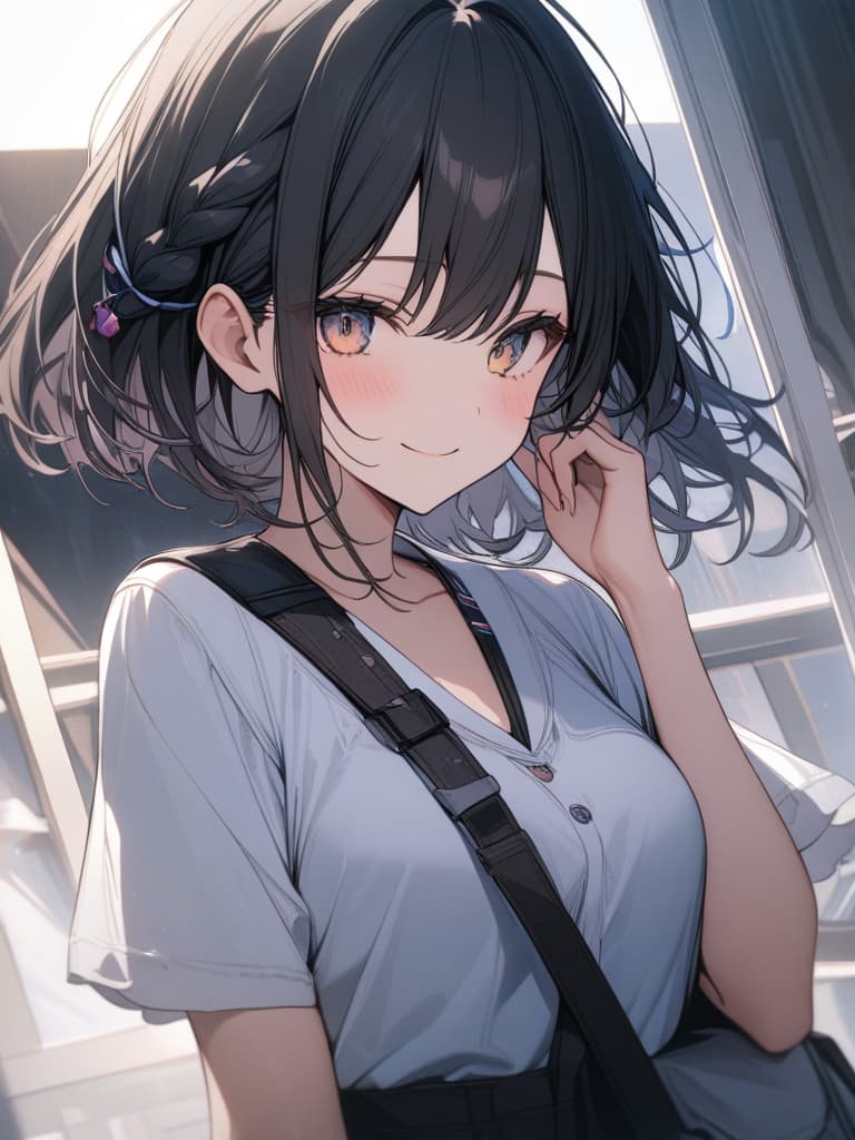  black hair, short hair, smile, cute, gradation, braided ears, first blue, fox ears, whole body, virtual, vocaloid, masterpiece, best quality,8k,ultra detailed,high resolution,an extremely delicate and beautiful,hyper detail